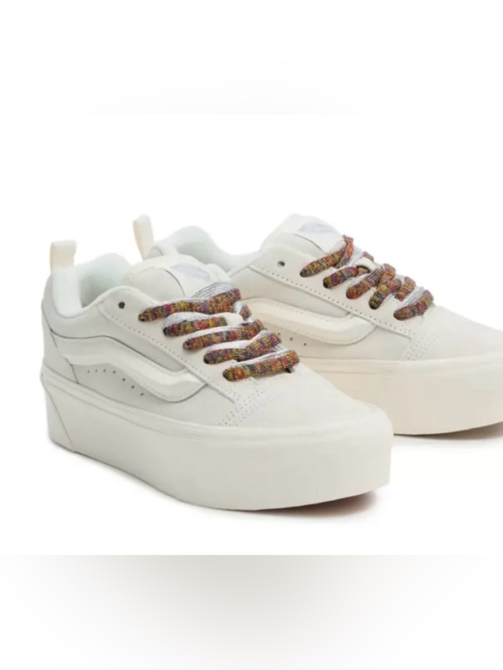 Vans Knu Stack White Platform Sneakers with Multicolor Laces